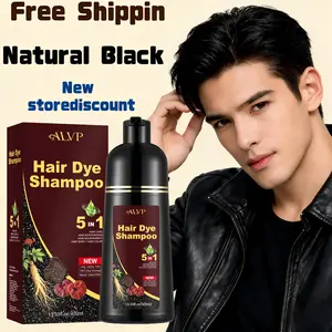 ALVP 5 in 1 Hair Dye Shampoo Natural Black Long Lasting Color Nourishment 400ml Herbal Haircare for Women & Men Free  babla bear mohawk farndu gray silver with golden cherry brown 3-4 week dark champut inte coverage quick