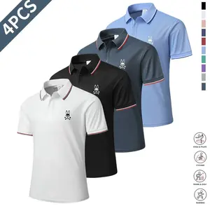 Men’s casual short-sleeve polo shirt set, 4 pieces, mixed colors; printed polo shirts, breathable and cool, suitable for all seasons—an ideal choice for holiday gifts.