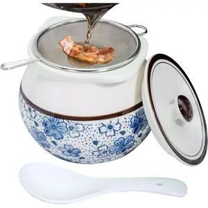 24oz Bacon Saver with Handle and Strainer, Oil Disposal Container, Dust-Cooking Fat Holder, Elegant White Can and Blue Pattern, Spoon Included