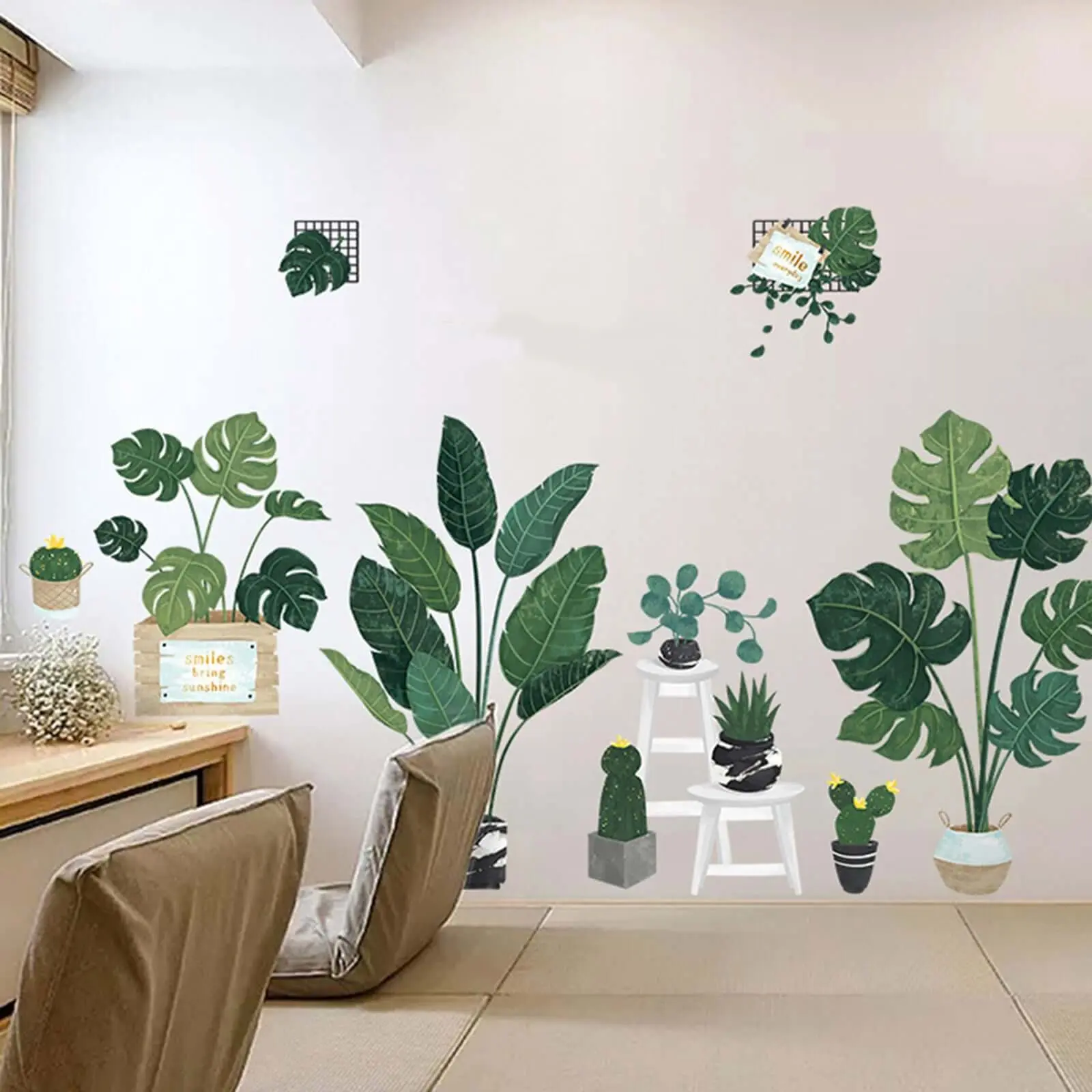 Green Tropical Potted Plants Wall Decoration Stickers - Peel-and-Stick Planters for Living Room Accent Wall, Room Decor Tiles Stickers (Home Supplies)