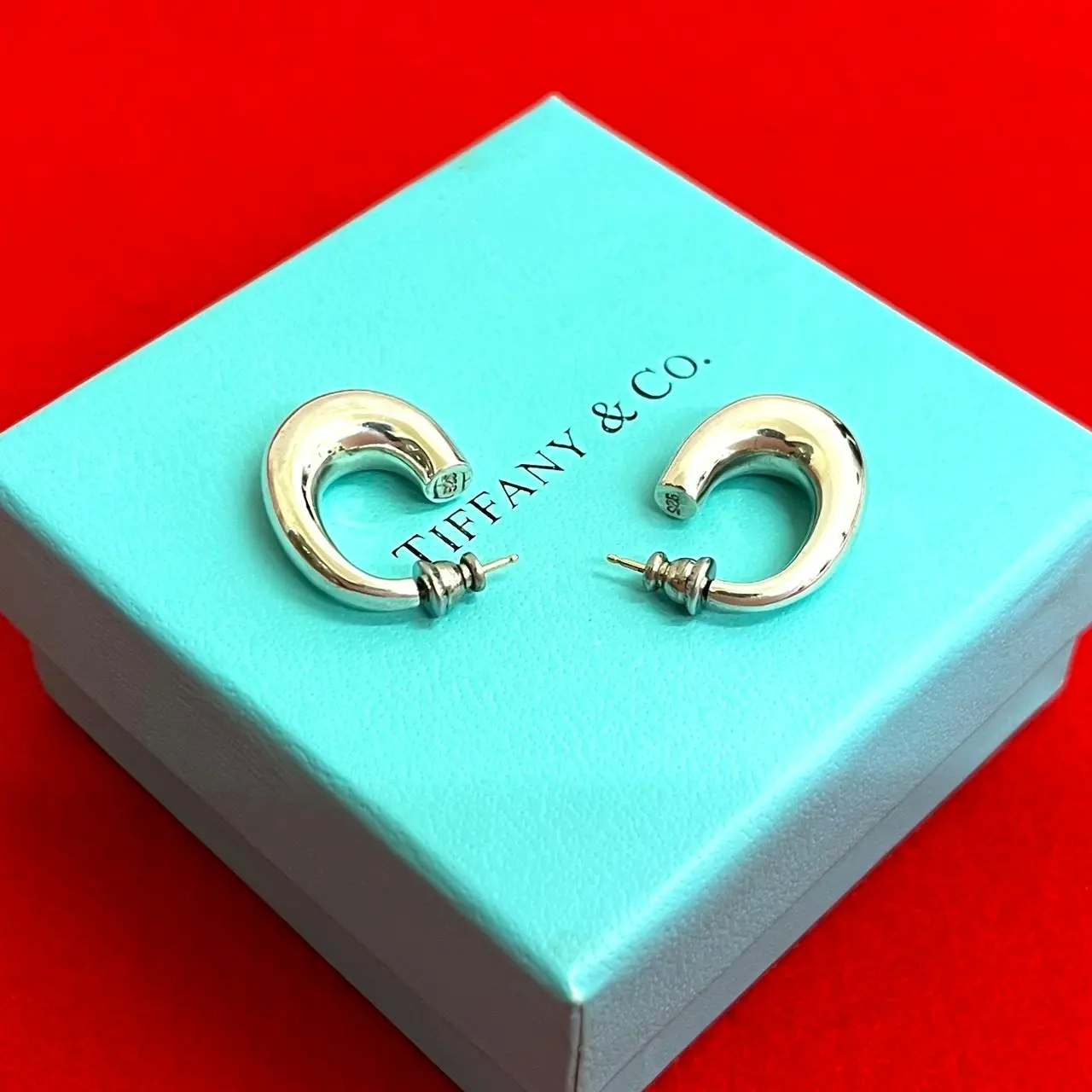 Pre-owned Tiffany & Co. Sterling Silver 925 (Ag925) Small Leather Goods Half Hoop 925 Silver Earrings