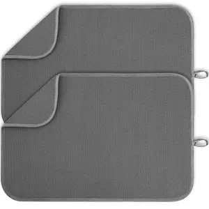 2 Pack Dish Drying Mat, Microfiber Kitchen Counter Drying Mat, Ultra Absorbent 3-Layer Pad with Hanging Hook, Dark Grey