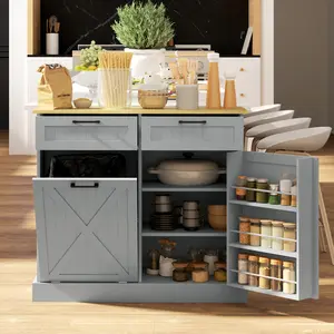 10 Gallon Farmhouse Kitchen Cabinet with Hidden Tilt-Out Trash Can & 2 Storage Drawers in Gray – Freestanding Waste Bin Holder Conceals Garbage While Saving Floor Space – Features a Front Panel for Easy Access & Additional Drawer Storage