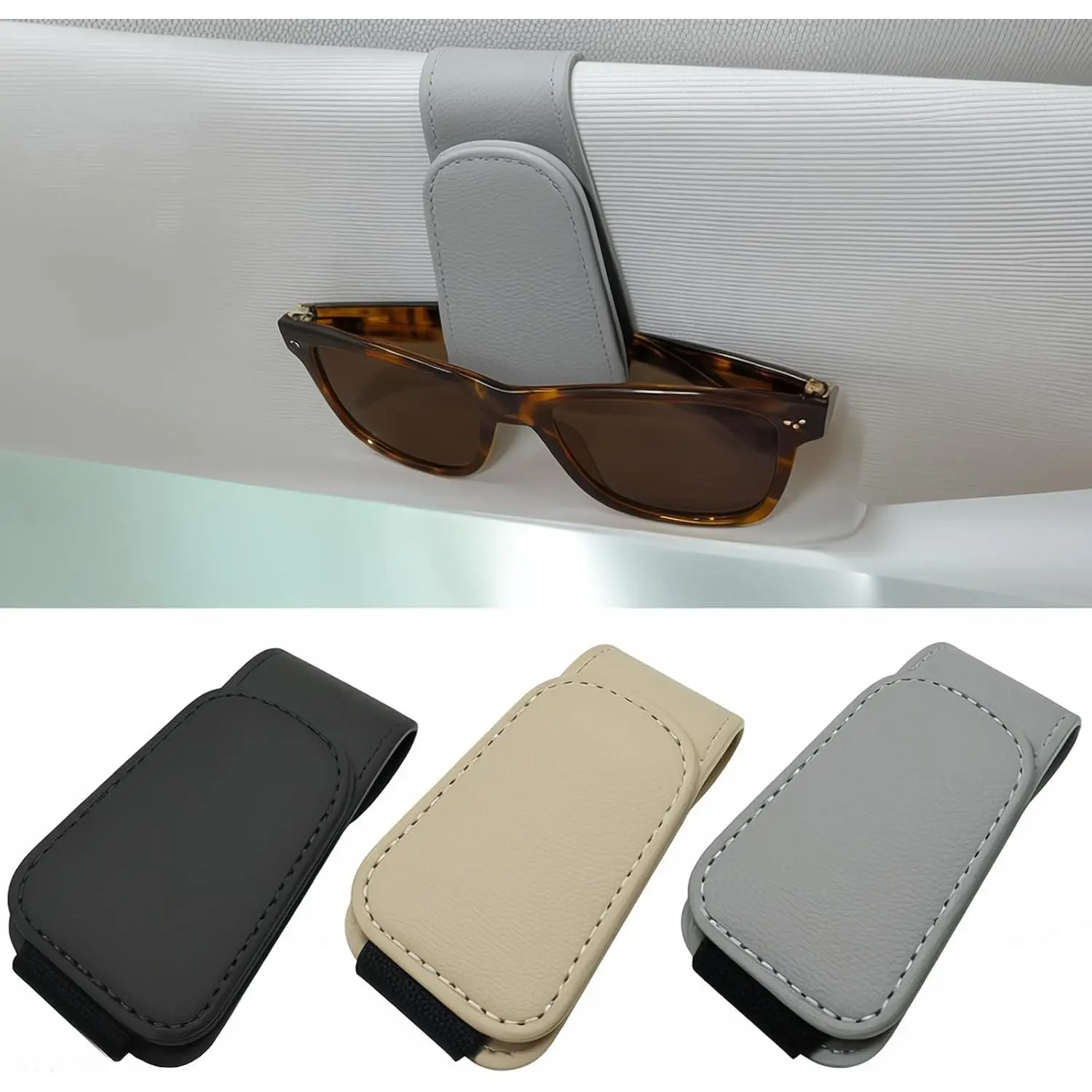 Sunglass Holder for  Visor - 2 Pack   Glasses Holder Clip, Leather Eyeglass Holder for , Universal Sunglasses Clip for  Visor, Gray
