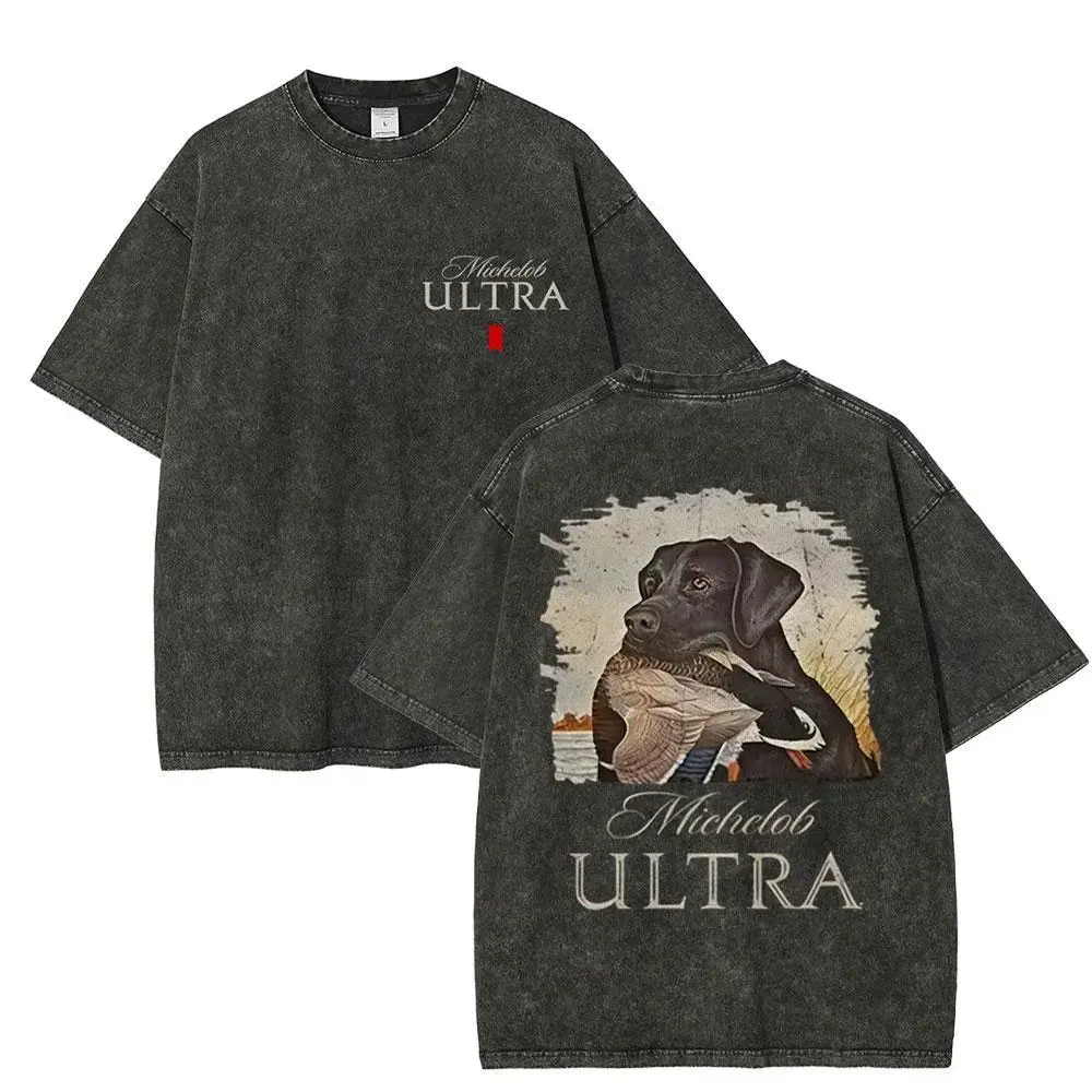 Michelob Ultra 2-Sided Mallard & Dog Graphic Print Cotton Fabric T-Shirt - Mens Clothing Vintage Graphic Tees, Unisex All Seasons Casual Short Sleeve Loose Tops, Round Neck Crewneck Beer Lovers Gift