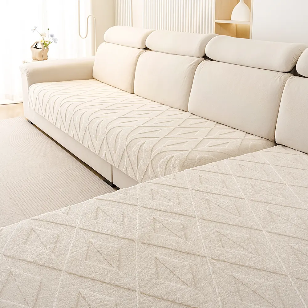 1PC Bohemian Style Leisure Sofa Cover - Solid Color Geometric Short Plush Slipcover | Non-Slip, Scratch-Resistant, Pet-Friendly Sofa Protector | Fits 1/2/3/4 Seater Sofas | All-Season Living Room Use, Machine Washable