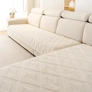 1PC Bohemian Style Leisure Sofa Cover - Solid Color Geometric Short Plush Slipcover | Non-Slip, Scratch-Resistant, Pet-Friendly Sofa Protector | Fits 1/2/3/4 Seater Sofas | All-Season Living Room Use, Machine Washable