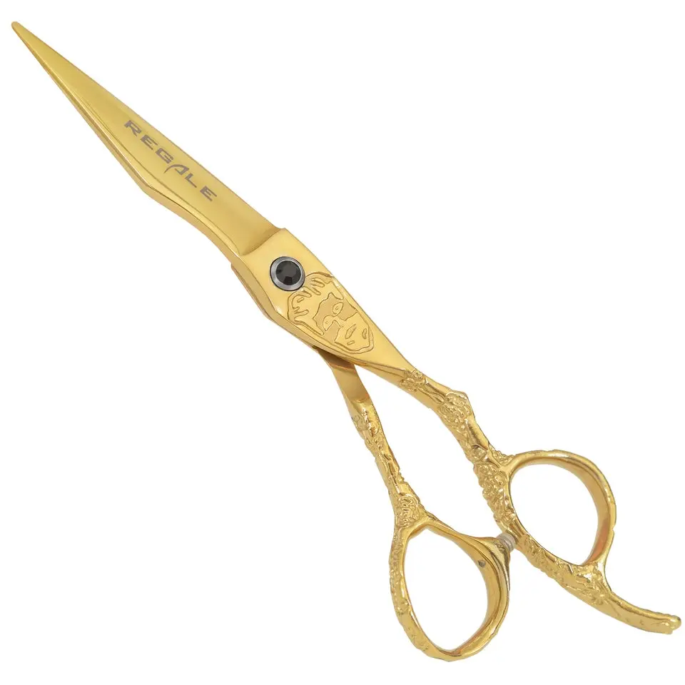 Regale Professional Barber Shears, 7-Inch Japanese Steel Salon Equipment with Ergonomic Gold Handle for Smooth Cutting & Adjustable Tension, Haircare, Barbering, Edge Retention, Steel Blade, Adjustable Tension Screw, Precision Cut, Offset Grip, Steel Blad