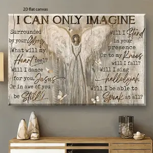1pc 2D Flat Angel Drawing Canvas Print - Heaven Angel Framed Painting with Inspirational Religious Quotes, Rustic Wood Background & Golden Accents, Ready to Hang Framed Wrapped Canvas for Living Room, Bedroom Decor, Festive Gift, Textured Background