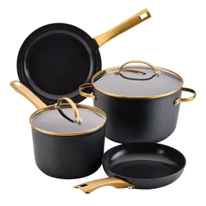 Forged Induction 6 Piece Cookware Set - 3qt Saucepan, 6qt Stockpot, 8.25" & 12.25" Frying Pans, Ceramic Nonstick, Aluminium & Steel, Black with Gold Accents