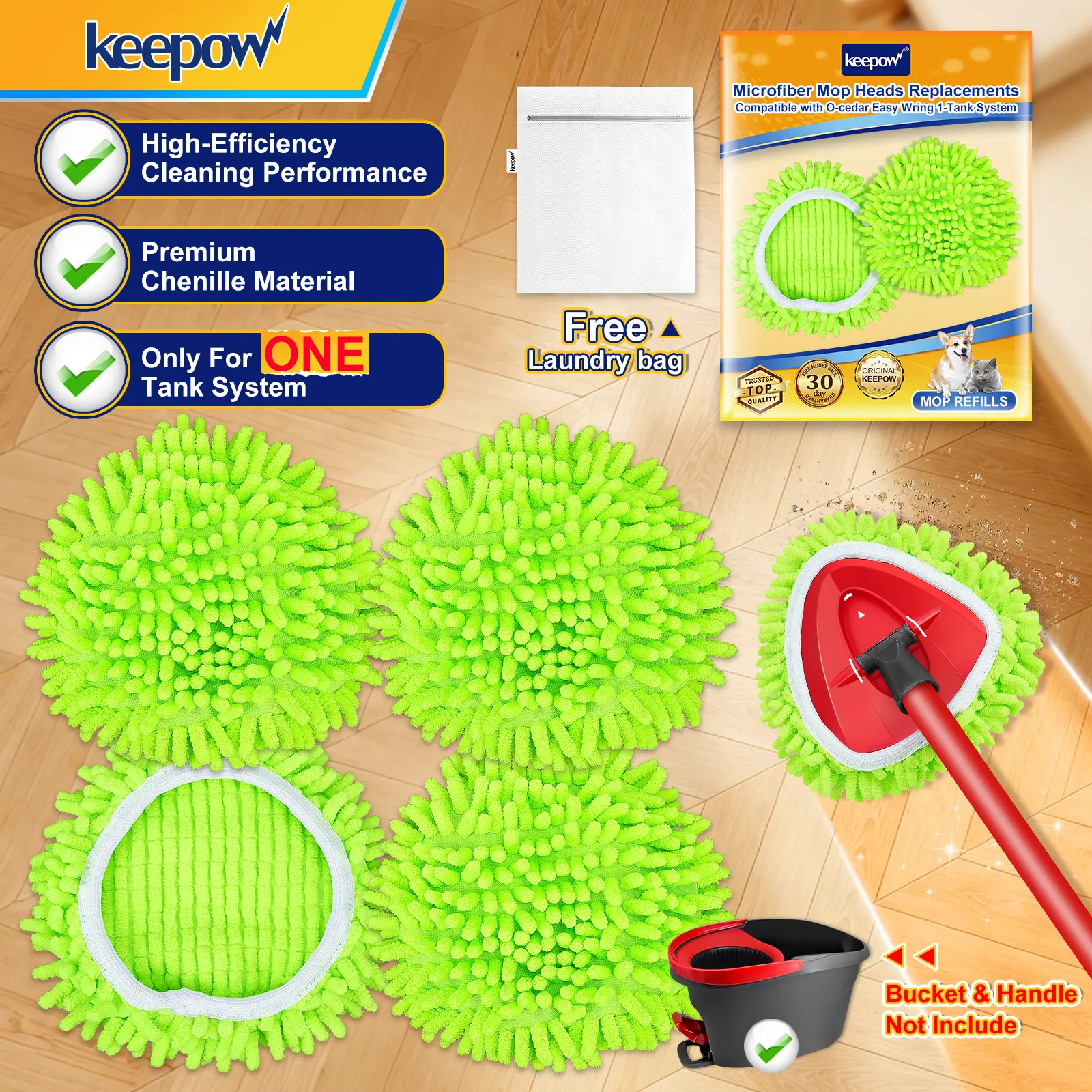KEEPOW Washable Chenille Dust Mop Replacements - Fits O-Cedar Easy Wring 1-Tank System Base, Water Absorbent, Dry/Wet Clean, Dust+Grease Lift (Handle Not Included)