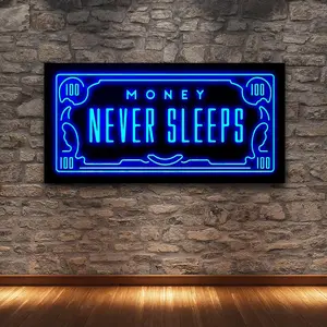 Money Never Sleeps Neon-style Wall Art, 1 Count Unframed Inspirational Money Never Sleeps Canvas Wall Art, Wall Decor for Living Room, Bedroom and Office, Decoration Print Artistic