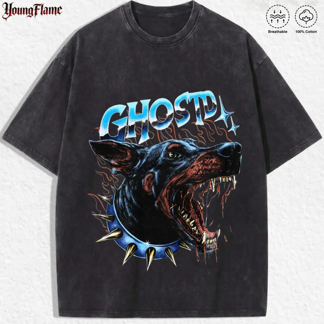 Dark Hell Hound Doberman graphic tee | Urban streetwear | Goth clothing & y2k clothing | Badass fathers day gift ideas good graphic tee acid wash clothes loose fit casual shirt