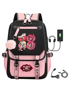 Hazbin Cartoon Character Print Outdoor Backpack, Cute Versatile Backpack, Sporty School Bag with Adjustable Shoulder Straps, Pink & Black Contrast Design, Zipper Closure & Nylon Lining for College, Travel, Daily Use, Casual Trendy Design