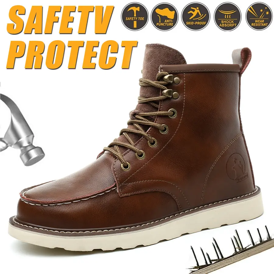 Men’s workwear-style steel toe non-slip athletic safety shoes, high-top leather safety work boots, featuring anti-smashing, anti-penetration and shock absorption performance. Footwear, Fathersday Gift. Classic Boy Closed，Summer vibes