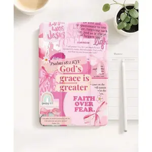 Creative Christian Faith Pink Bible Pattern Design Four-Corner Anti-Fall Tablet Case with Pen Slot Foldable,Suitable for iPad Mini, Air, Pro 4,5,6,7(2017,2018,2019,2020,2021,2022,2023,2024,2025 models),and Samsung S6,7,8,9,10FE + A7 LTE tablet cases