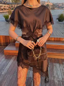 Women's Spring Summer Fashion Chic Aesthetic Elegant Lace Dress, Open Design, Round Neck Layered Decor, Asymmetric Hem, Pure Color Midi Dress, Vintage Elegance Party Wear, Womenswear