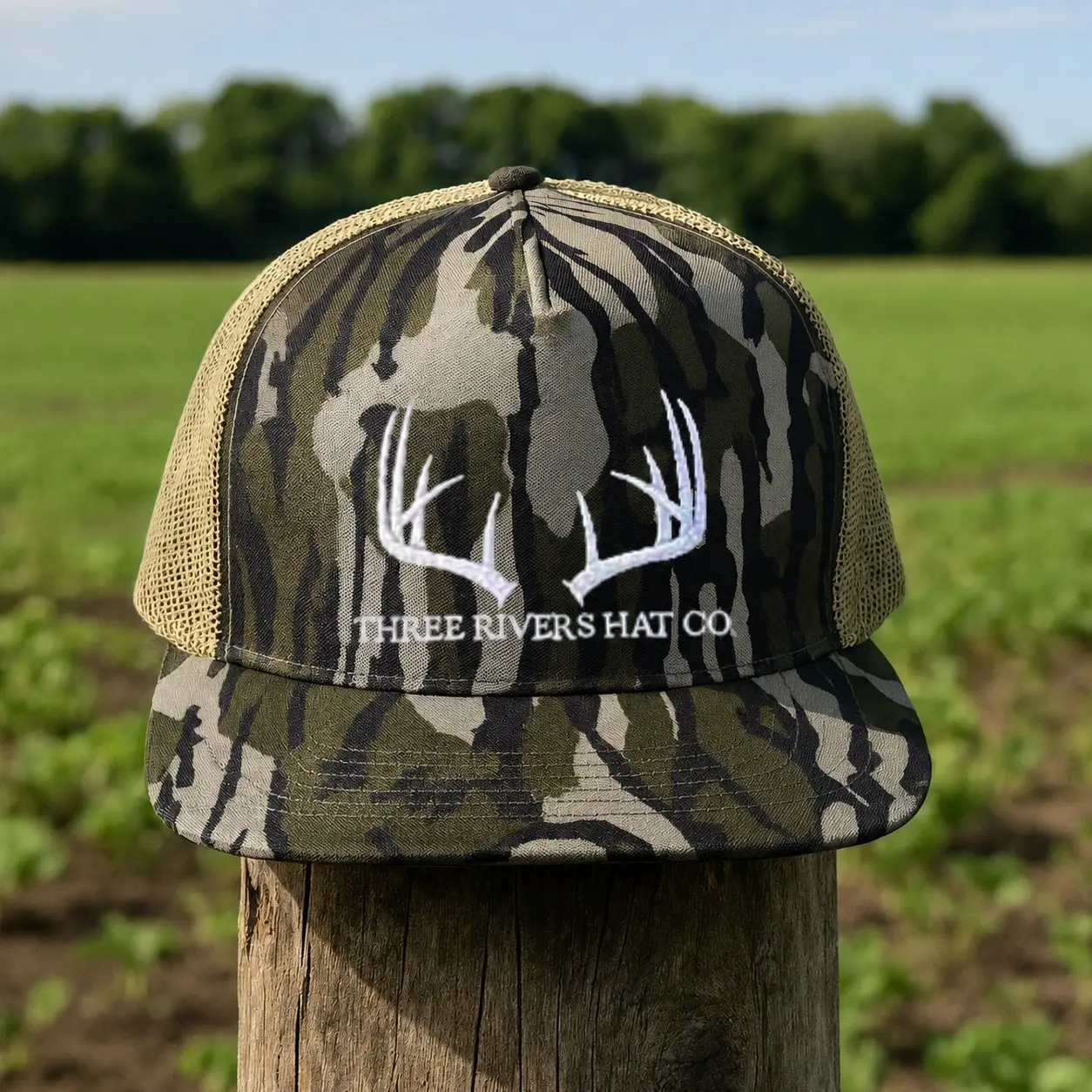 Three Rivers Hat Co Deer Antler Camo Trucker Hat, Embroidered Hunting Cap, Mesh Back Snapback, Outdoor Sportsman Gift for Men