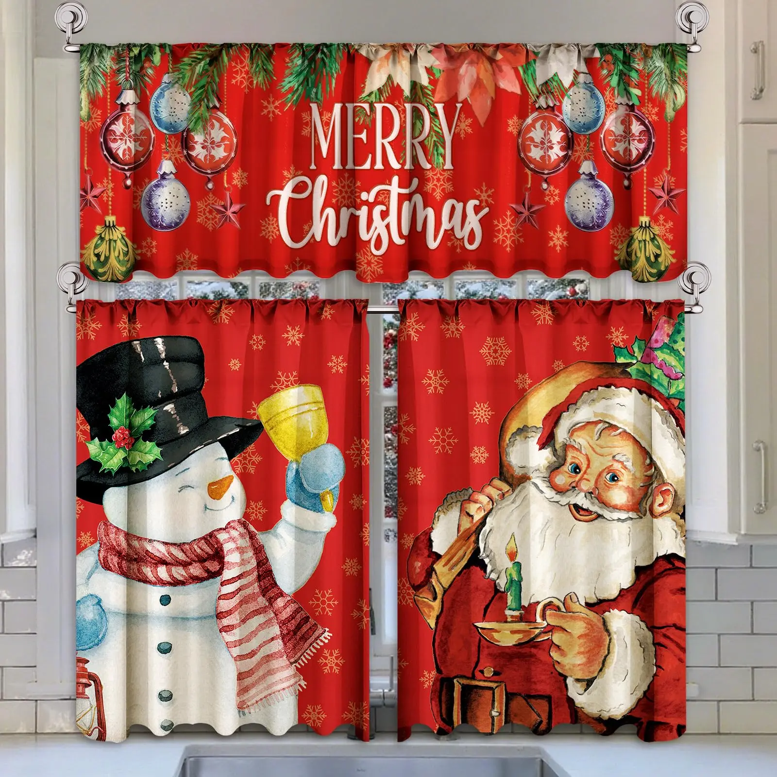 3 Pcs Christmas Kitchen Curtains Valances and Tiers Set for Windows, Christmas Short Curtains with Snowman Santa Claus Gingerbread Plaid Designs, Holiday Window Treatment Decor for Kitchen Bedroom Living Room Home Christmas Party Decor