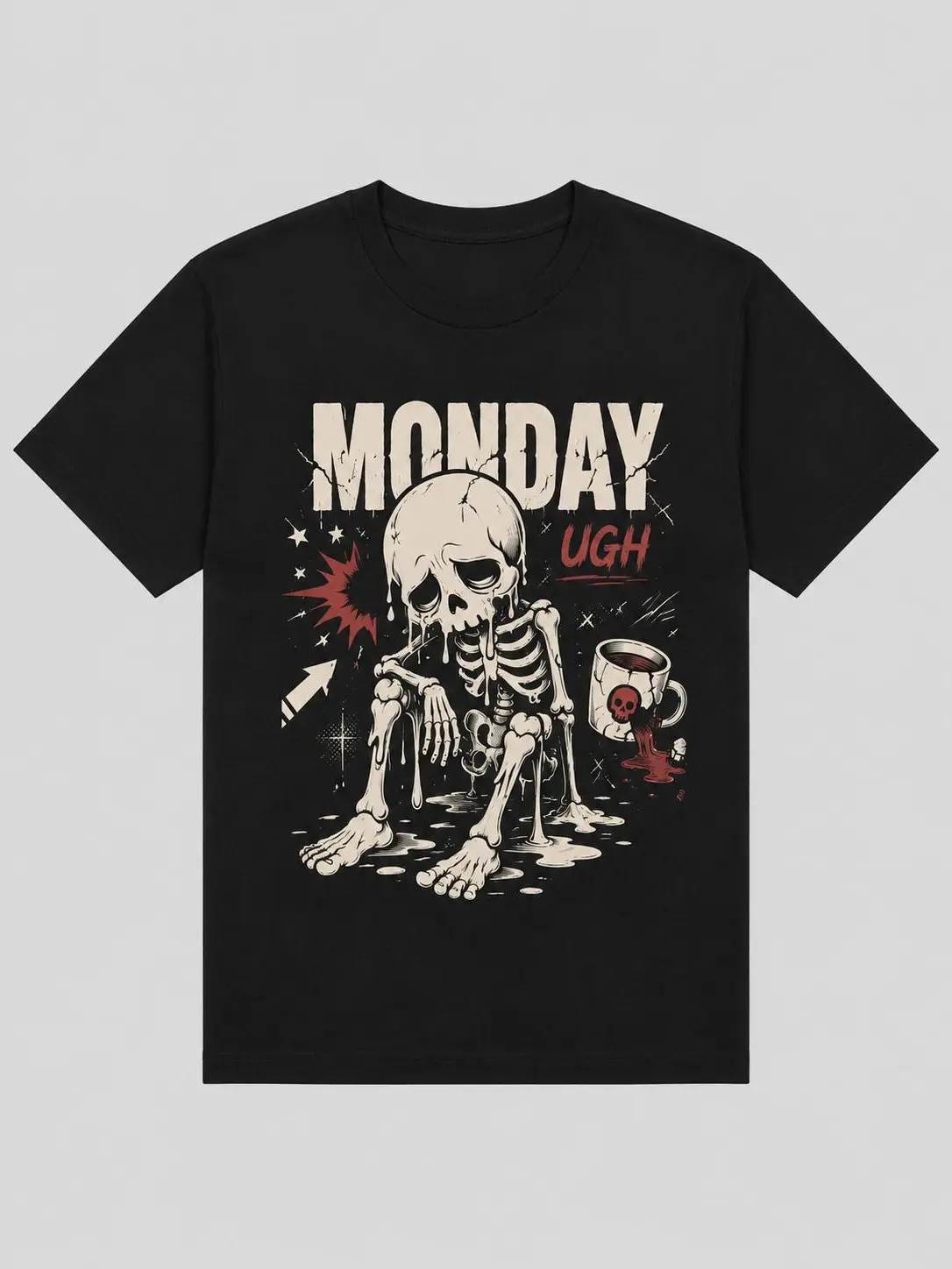 Women's Black Short-Sleeve Funny Monday Mood Skeleton Graphic T-Shirt - Cotton Spandex Breathable Cold Wash Unisex Fit Casual Streetwear Top for Coffee Fans, Soft Basic Tee, Tshirt