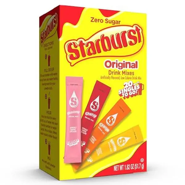 Starburst Singles to Go Variety Pack, Watertok Powdered Drink Mix, Includes 4 Flavors, Strawberry, Cherry, Orange And Lemon 1 Box (20 Servings)