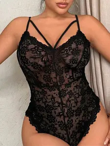 Monzena Plus Size Lingerie for Women Lace Bodysuit Snap Crotch Teddy, Tummy Control Snatched Waist Shapewear, Deep V Neck Backless Sheer Floral One Piece Babydoll, Sexy Nightwear Outfit Date Night Breathable Stretch Fajas Black Red