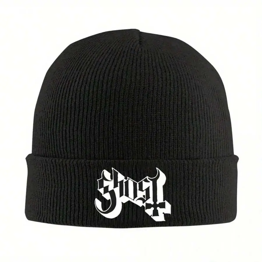 S&T Ghost Rock Band Hat - Black Knitted Adult Unisex Y2K Cool Warm Beanie Hat With Skull And Crossbones Design, Outdoor Sports Hat |   Skull Print Hat |   Sewing Texture, No Battery