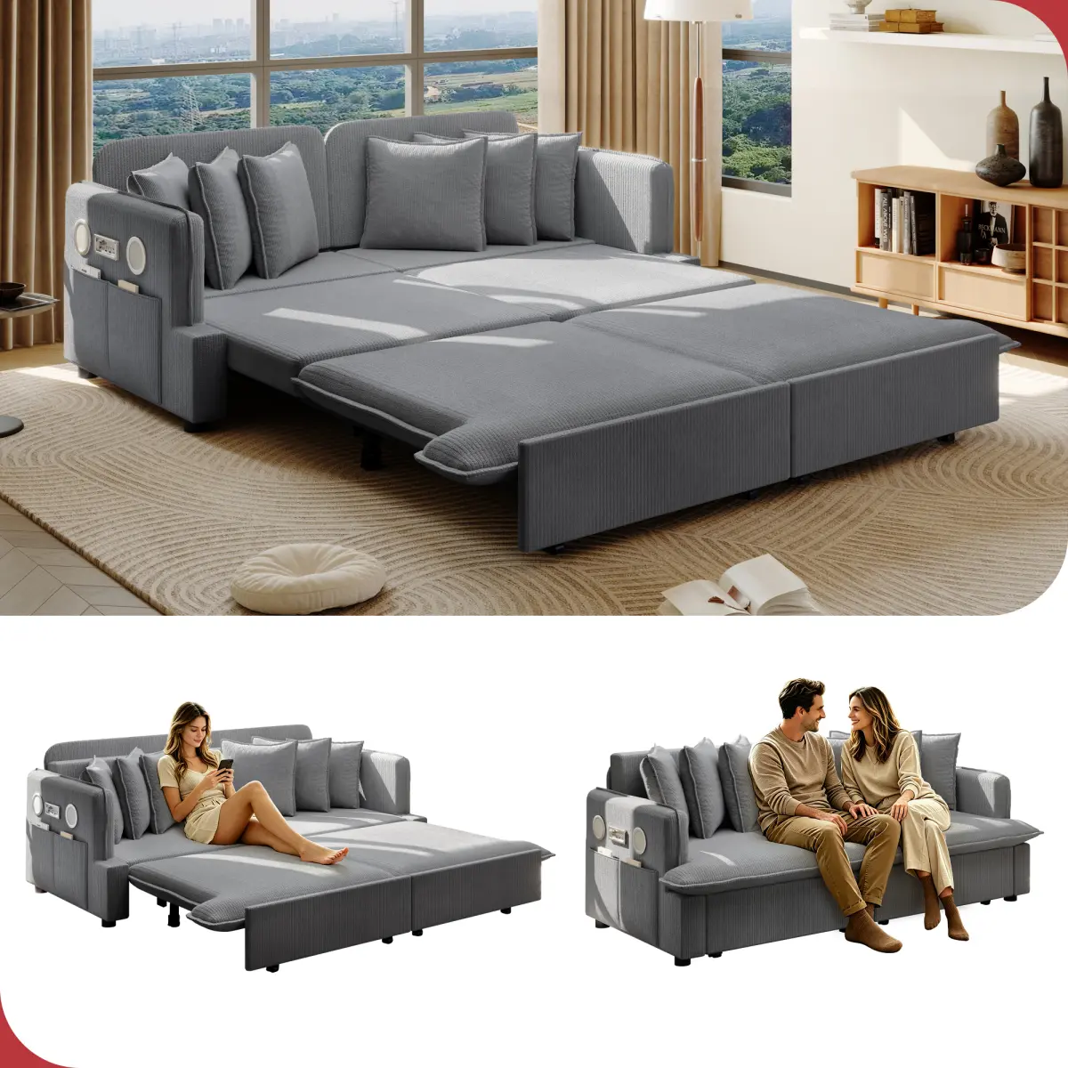 Aobtkel 2-Seater Sturdy Comfy Pull-Out Couch - 81.8in 3-in-1 Corduroy Cotton Smart Sofa Bed, Metal Frame, Bluetooth Speakers, USB Ports, Multiple Pillows, Side Pockets, Assembly Required, for Modern Room Watch Party, Beige&White, Comfy Couch