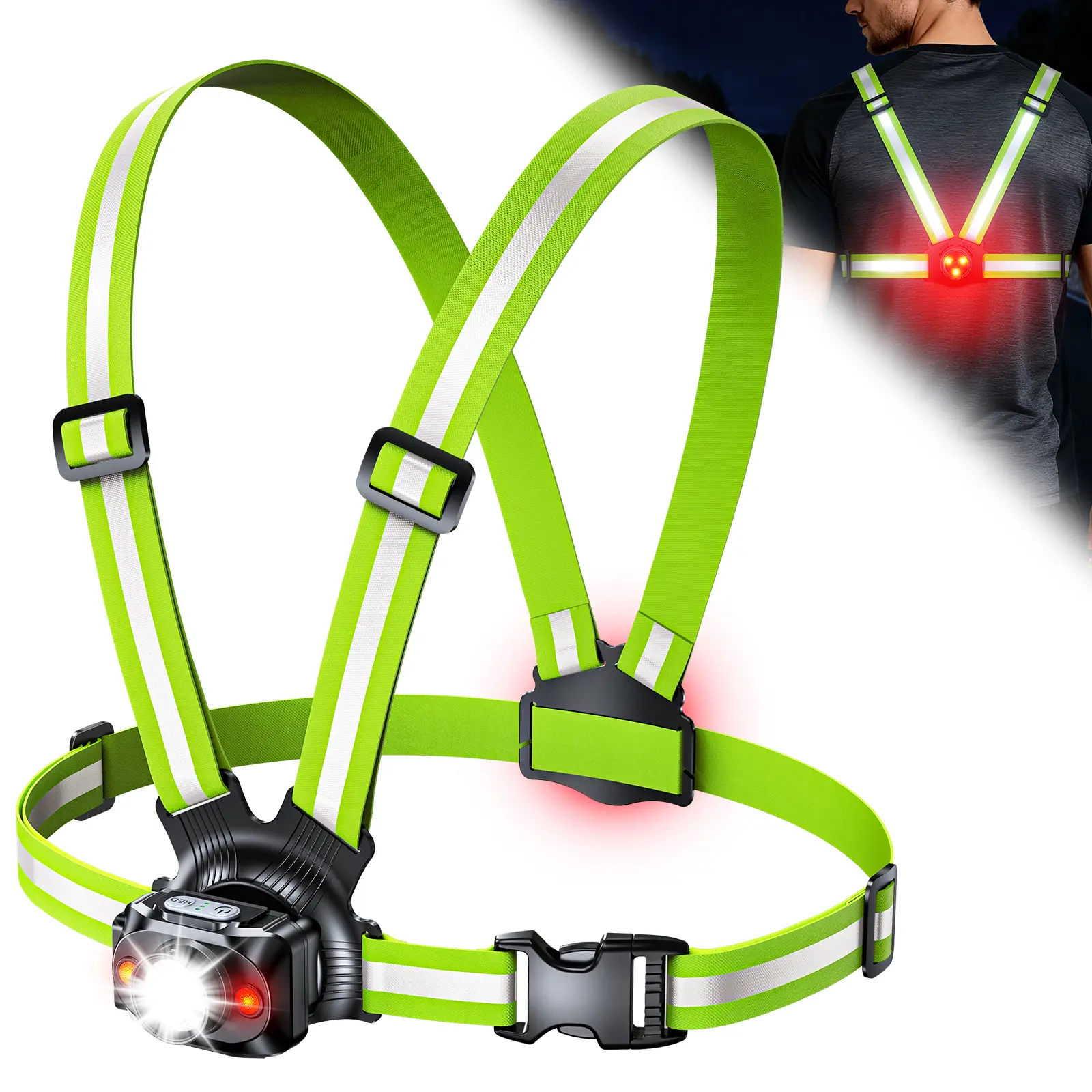 Running Light, 800 Lumen Running Lamp with 360° Reflective Double Strap Harness, USB-C Rechargeable, IP Waterproof & 45° Adjustable Chest Light for Walking, Hiking, Camping