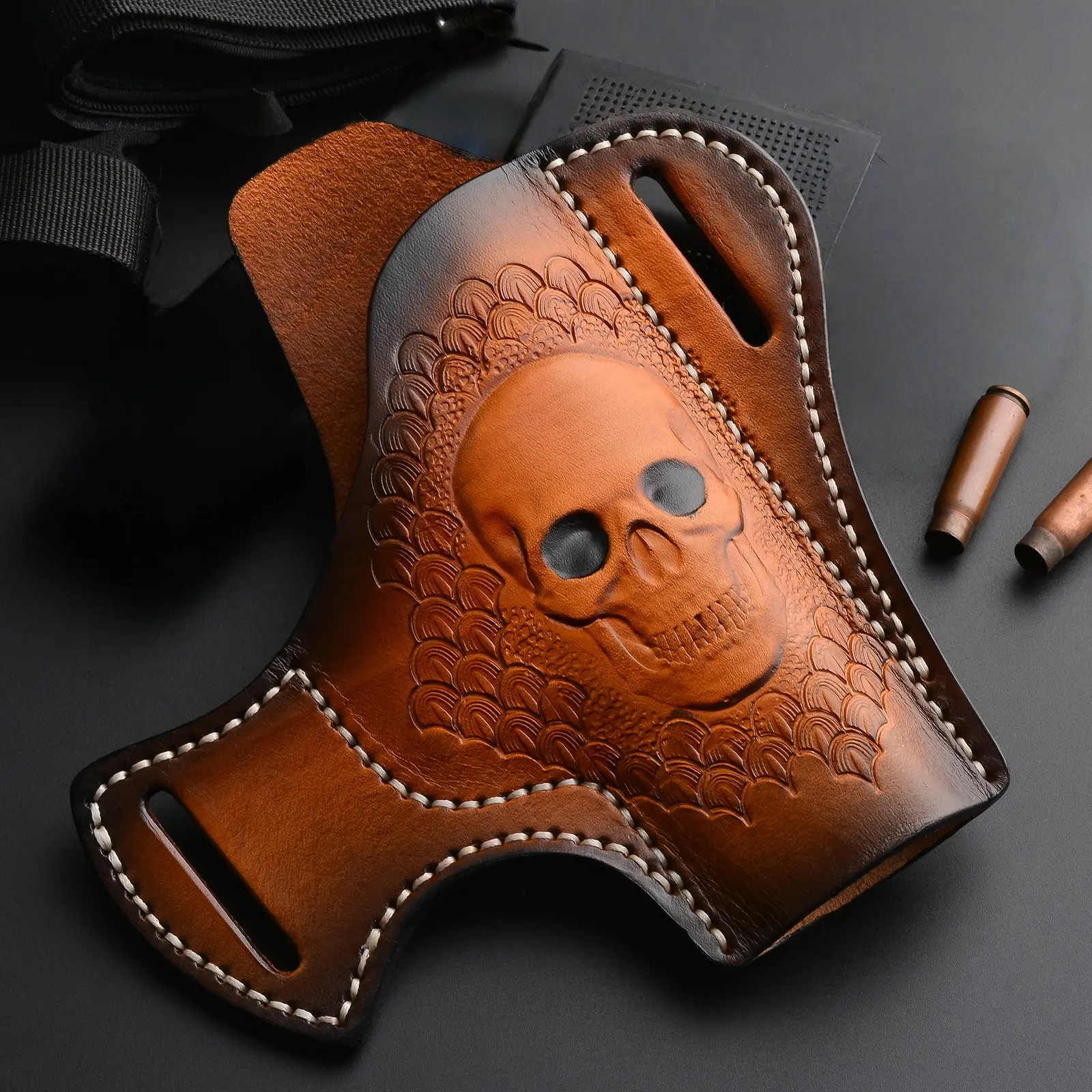 Handmade Stitching Premium Leather Holster with Carved Skull Pattern for G17-G19 Models Handmade Stitching Premium Leather Holster with Carved Skull Pattern for G17-G19 Models