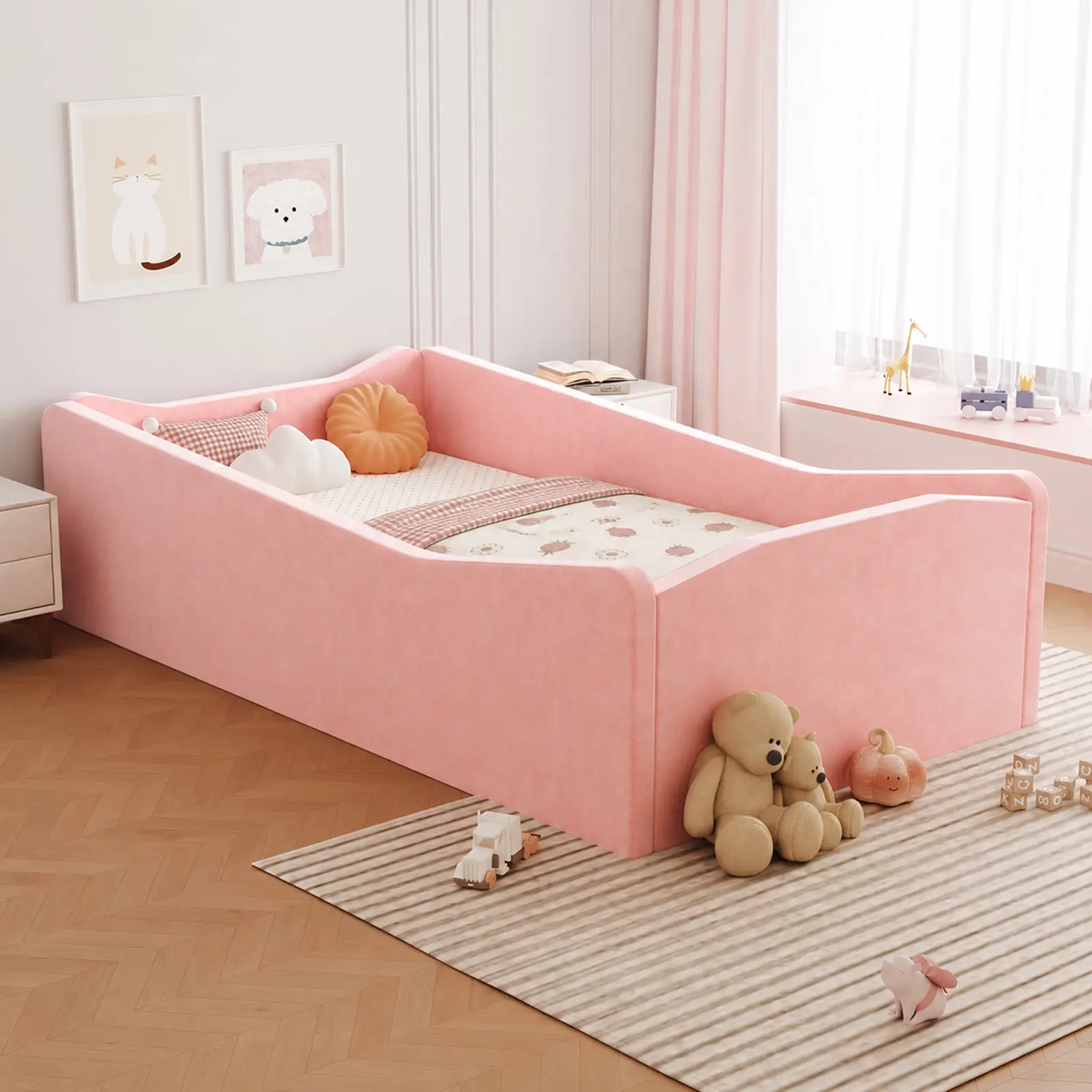 JOYMOR Montessori Floor Bed - Toddler Furniture with Safety Guardrail, Unisex Animal Ear Shapes, Soft Velvet Wood Design for 5-6 Years Safer Sleep Infant & Toddler Beds, Mattress Not Included,familyfun
