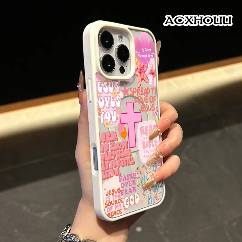 Magnetic Phone Case Supports Wireless Charging Case for iPhone 17 16 Pro Max 15 Plus 14 13 12 11 XS XR Pink Faith Cross Collage Art Pattern Non-Yellowing Shockproof Clear Slim Protective Softcase Transparent Acrylic Cover