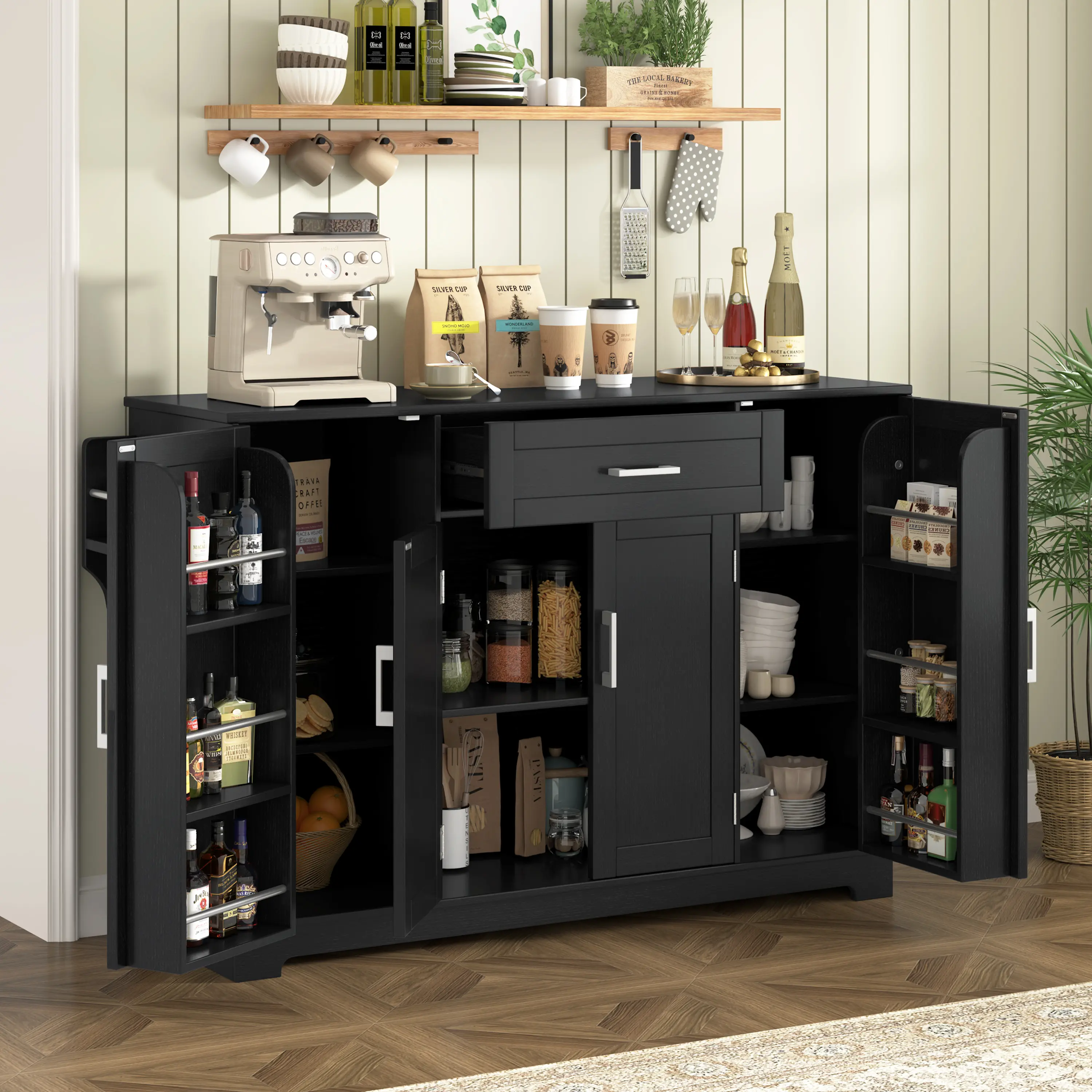 54.3" Modern Dining Room Sideboard Buffet Cabinet - Melamine MDF Durable Indoor Storage Unit with 4 Doors, 1 Drawer, Adjustable Shelves, Aluminium Alloy Handles, Side Shelves, Hanging Rod, Assembly Required (Kitchen Use)