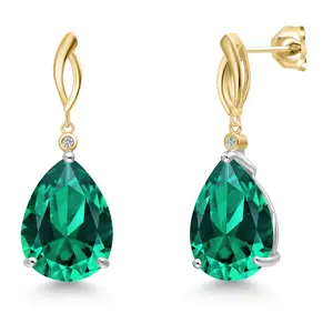 Gem Stone King 925 Silver and 10K Yellow Gold Green Nano Emerald and Lab Grown Diamond Dangle Earrings for Women | 16.53 Cttw | Gemstone May Birthstone | Pear Shape 16X12MM