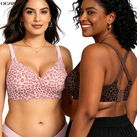 OEAK｜Leopard Jelly Bra, Top & Bottom Scalloped Seamless Bra, Wireless Push Up & Soft Support