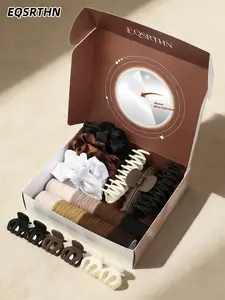 1set low saturation color hair accessories gift box, the whole is brown, black, white, milk tea and other high-grade Morandi colors, including satin large intestine hair ring, spiral hairpin, small grip clip and basic rubber bands, the gift box also comes