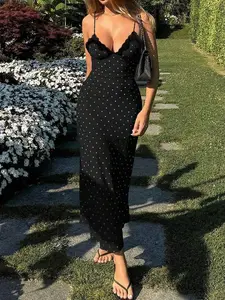JADEE Black Satin Polka Dot A Line Maxi Lace Patchwork Revealed Lumbar Festival Gown Coquette Vibe