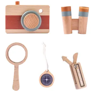 Alle Pretend Adventure Play Set Montessori Wooden Explorer Kit for Kids, Wooden Camera, Compass, Magnifying Glass and Wooden Binoculars for Kids, Educational Nature Exploration Toys Gift for Boys & Girls