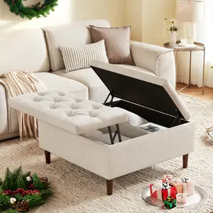 35 Inch Extra Large Storage Ottoman Coffee Table with Lift Top, Oversized Square Ottoman with Storage, Tufted Upholstered Ottoman Coffee Tables for Living Room