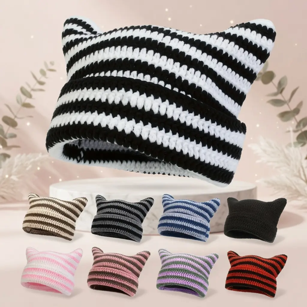 Handcrafted Stripe Crochet Knit Beanie with Cute Devil Cat Ears, Unisex Hip-Hop Streetwear for Casual Outdoor Wear, Outdoor Activities, Machine Wash, All Seasons, Adults, Animals, Cute Beanie Hat, Fashionable Hats, Knitted Hat, Playful Look homedecor