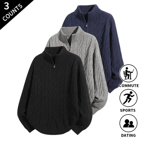 Men’s 3-piece set featuring a woven-texture quarter-zip pullover and solid-color stand-collar sweater—stylish, layerable tops suitable for dates, city commuting, and light outdoor activities.