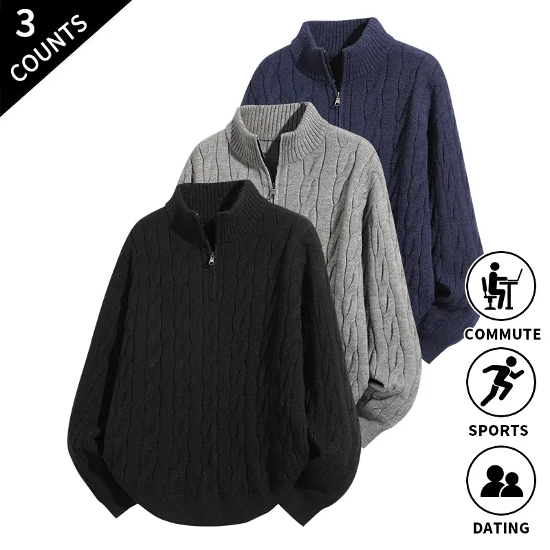 Men’s 3-piece set featuring a woven-texture quarter-zip pullover and solid-color stand-collar sweater—stylish, layerable tops suitable for dates, city commuting, and light outdoor activities.