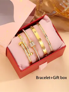 4-piece set of stainless steel bracelet with gift box, Couples Bracelet Set, Stackable Bracelet, suitable for both women and men, perfect for daily use, vacation, gift giving