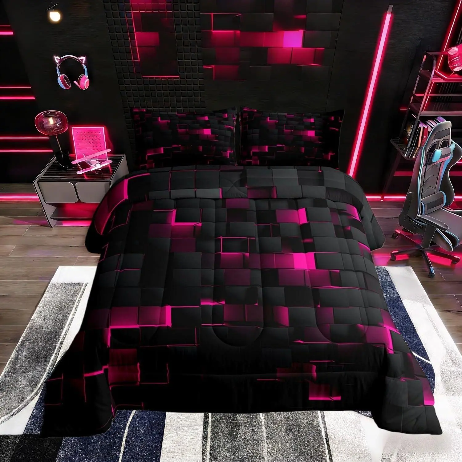 Black Hot Pink Comforter Set Neon Geometric Checkered Bedding Set Women Abstract Stereoscopic Grids Quilt Square Plaid Bed Set Gamer Room Decor
