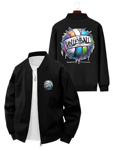 Fashion Trendy Men's Volleyball Era Printed Baseball Jacket for Daily Casual Sports and Outdoor Activities