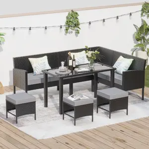 Small Space Patio Furniture 7-piece Outdoor Furniture Set, Backyard Furniture Set, Waterproof Seat Cushion, Glass Table, Space Saving, Suitable For Backyard, Terrace Or Garden,blue,grey