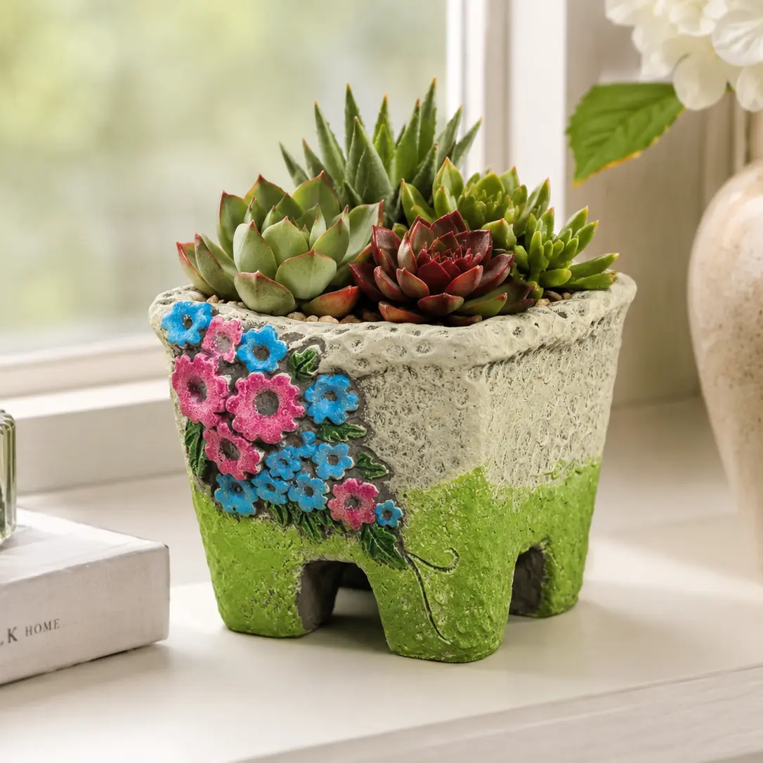 Vintage-Inspired Raised Flower Succulent Planter, Small Square Decorative Plant Pot with Four-Leg Base, Colorful Pink & Blue Floral Design for Home, Office, Desk, Shelf & Garden Decor (4.13" W x 3.54" H, 1.2lb)