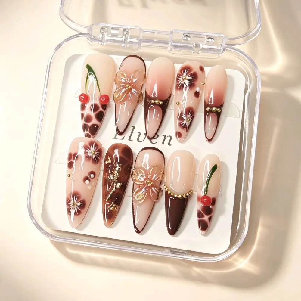 Handmade Nude Brown Tortoiseshell Press On Nails With 3D Cherry, Flower & Gold Accents, Stiletto Reusable Fake Nails For Retro Coquette Fall Wear