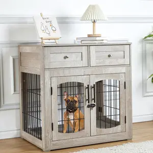 【GARVEE】Dog Crate Furniture with Cushion,Wooden Dog Crate Table with 2 Drawers,3-Doors Dog Furniture,Indoor Dog Kennel,Dog House,Dog Cage,Side End Table(31.5 * 23.6 * 32inch, Rustic Grey)