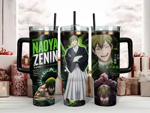 Jujutsu Kaisen Naoya Zenin 40oz Double Wall Thermal Insulated Stainless Steel Travel Tumbler - Portable Travel Mug, Water Bottle with Lid, Handle, Straw, Green & Black Manga Art - Reusable Insulation Drinkware for JJK Fans, Ideal Gift, Water Bottles